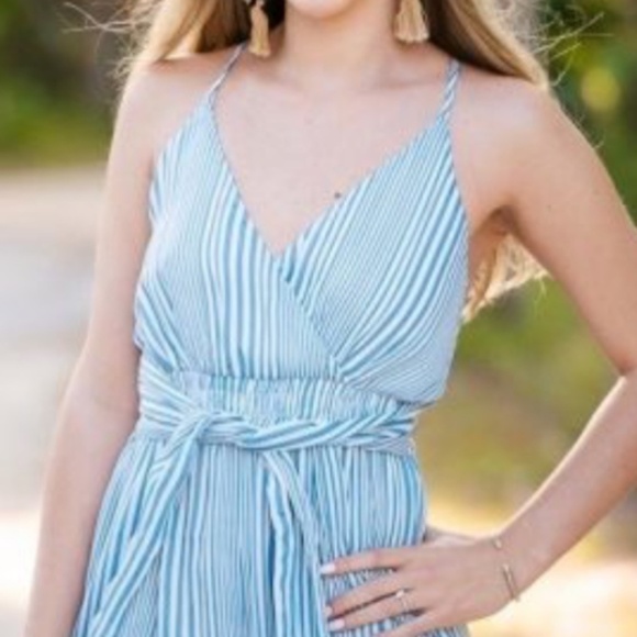 Moon River Anthropologie Jumpsuit Beach Blue White Stripe Cropped Flyaway Leg - Picture 16 of 16